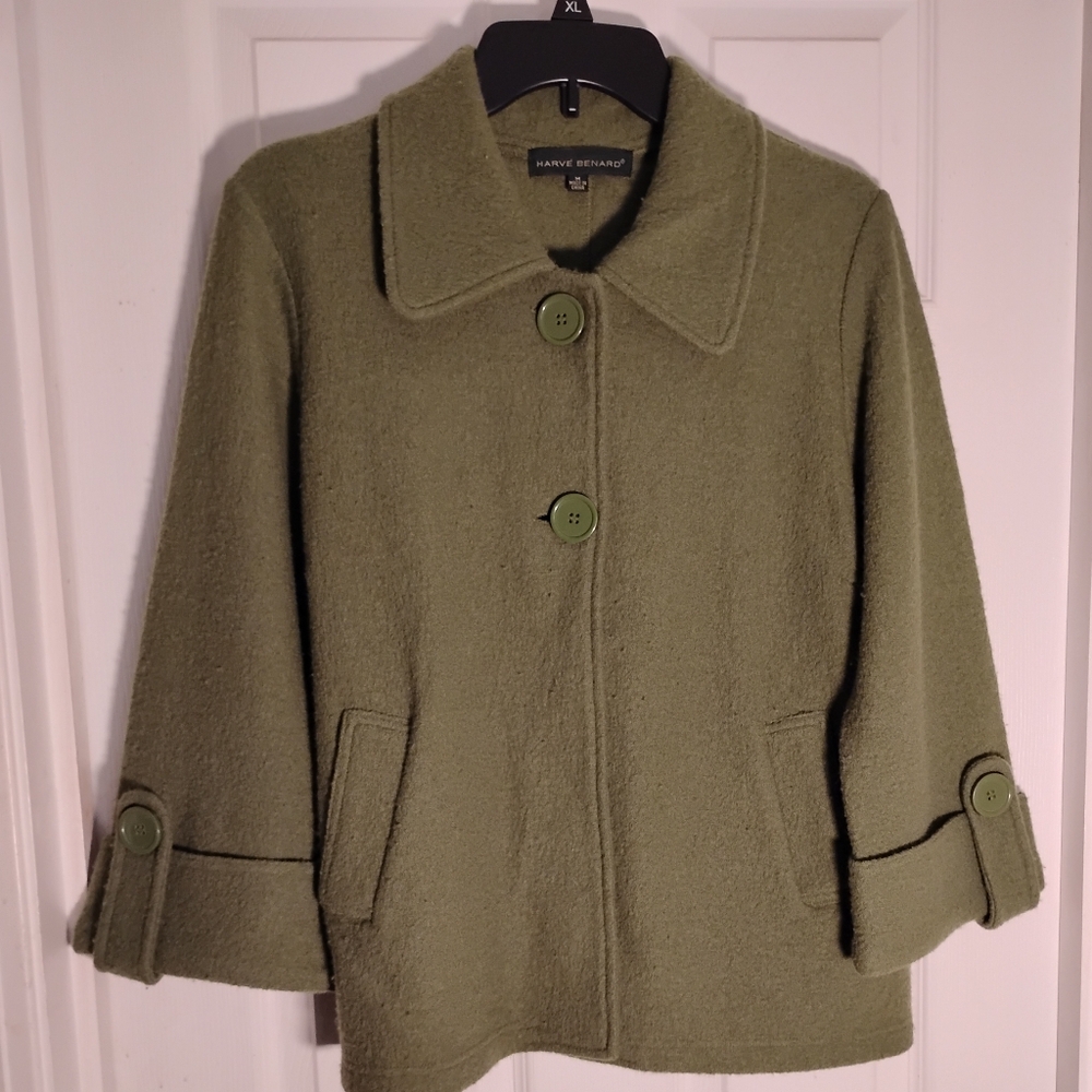 Wool Jacket Harve`Benard Olive Green 3/4 Sleeve